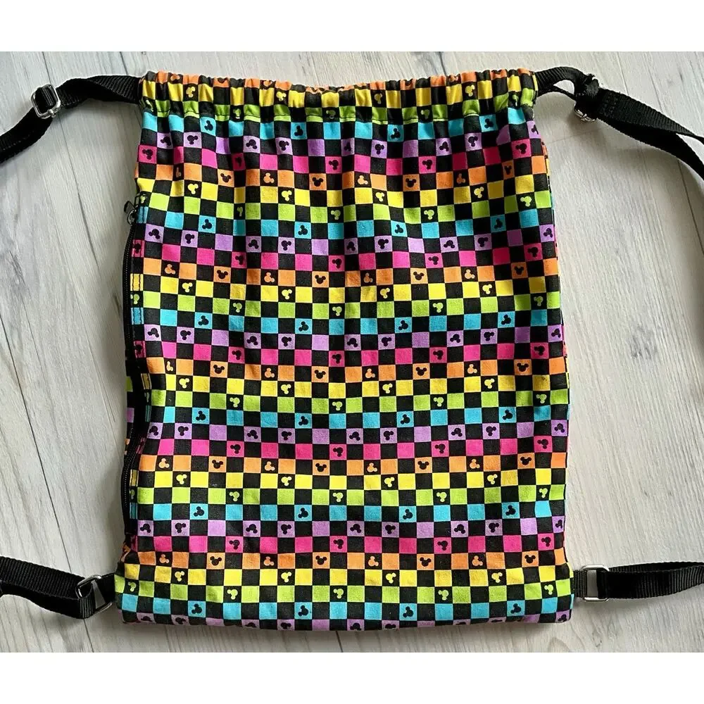 Disney Parks Mickey Black Rainbow Design Draw String Backpack Side Zipper Pocket